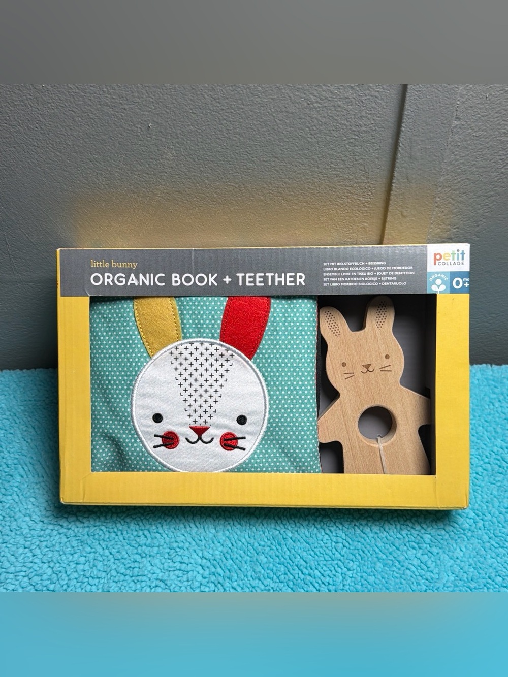 Little Bunny Organic Book + Teether - Yellow, Red, White